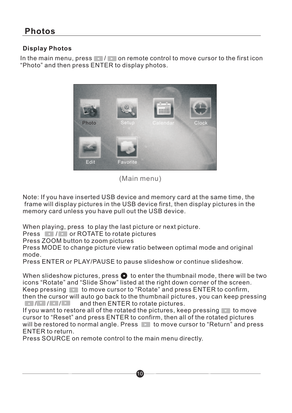 页 11, Photos, Main menu) | Sungale PF801 User Manual | Page 11 / 25