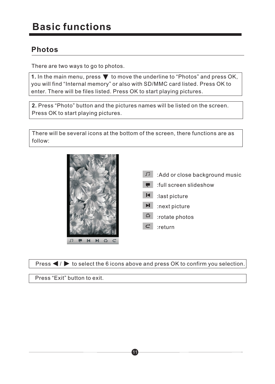 页 12, Basic functions, Photos | Sungale CD706A User Manual | Page 12 / 20