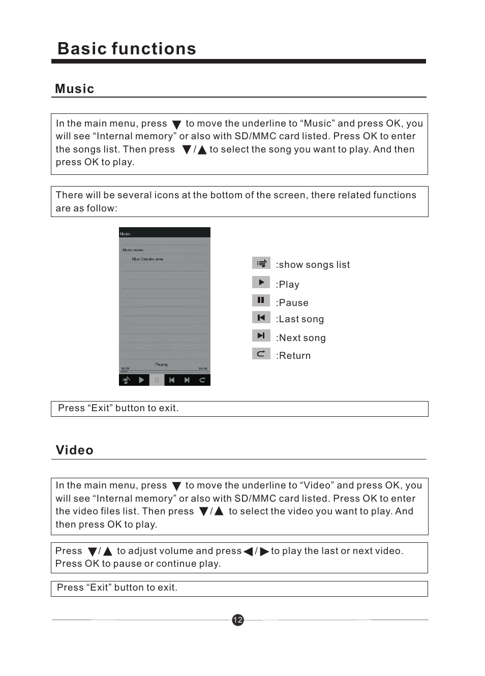 页 13, Basic functions, Music | Video | Sungale CD706A User Manual | Page 13 / 20