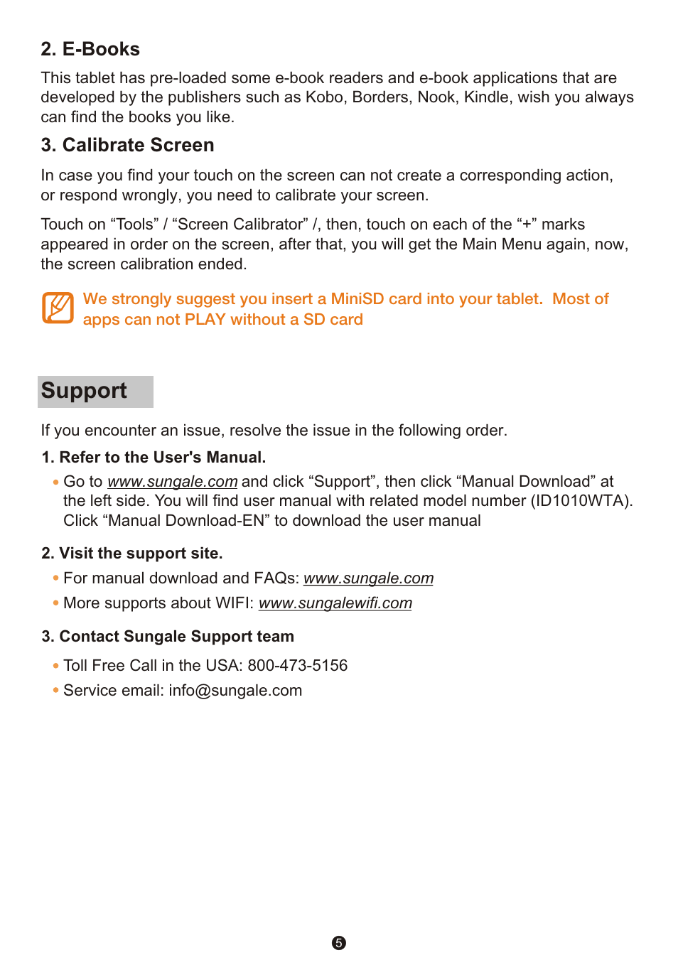 Т³гж 5, Support, E-books | Calibrate screen | Sungale ID1010WTA User Manual | Page 5 / 5