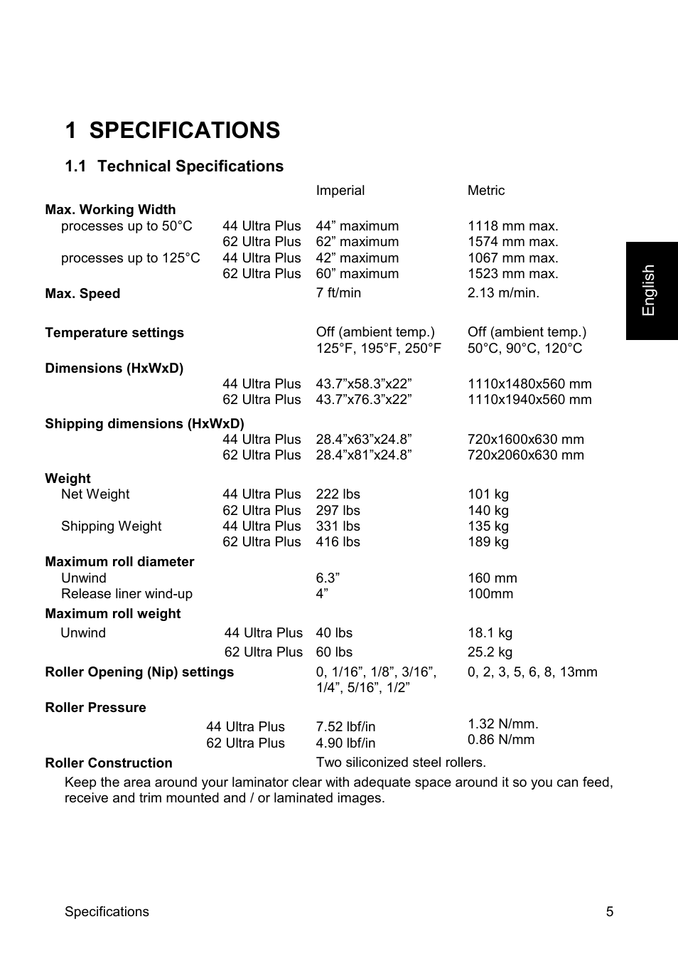 1 specifications | SEAL 44/62 User Manual | Page 7 / 35