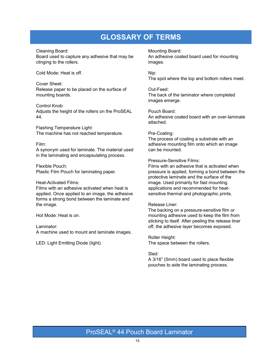 Glossary of terms, Proseal, 44 pouch board laminator | SEAL PRO 44 User Manual | Page 15 / 18