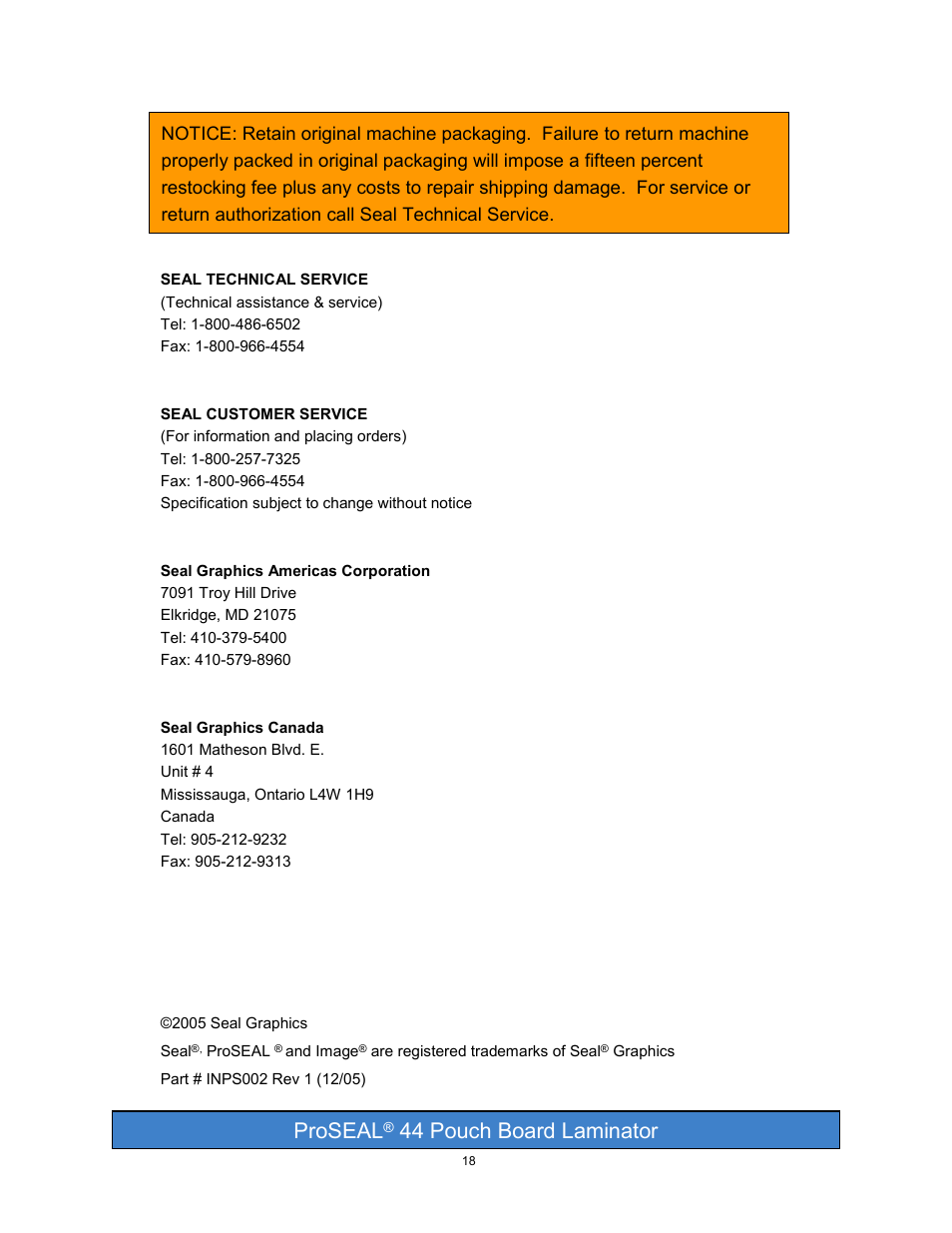 Proseal, 44 pouch board laminator | SEAL PRO 44 User Manual | Page 18 / 18