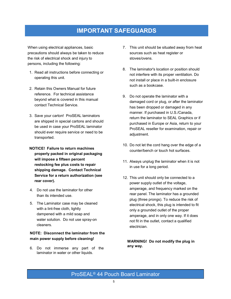 Important safeguards, Proseal, 44 pouch board laminator | SEAL PRO 44 User Manual | Page 5 / 18