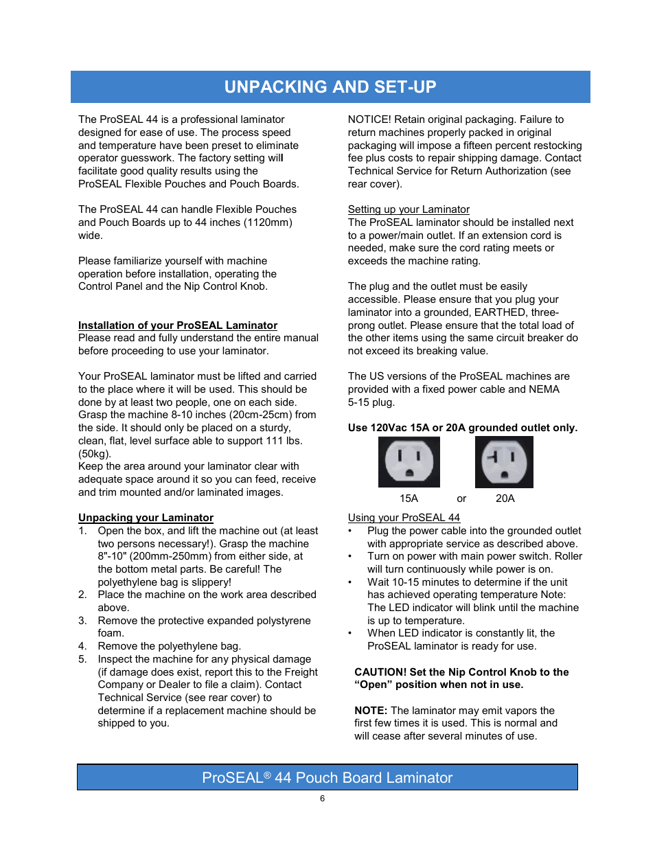Unpacking and set-up, Proseal, 44 pouch board laminator | SEAL PRO 44 User Manual | Page 6 / 18