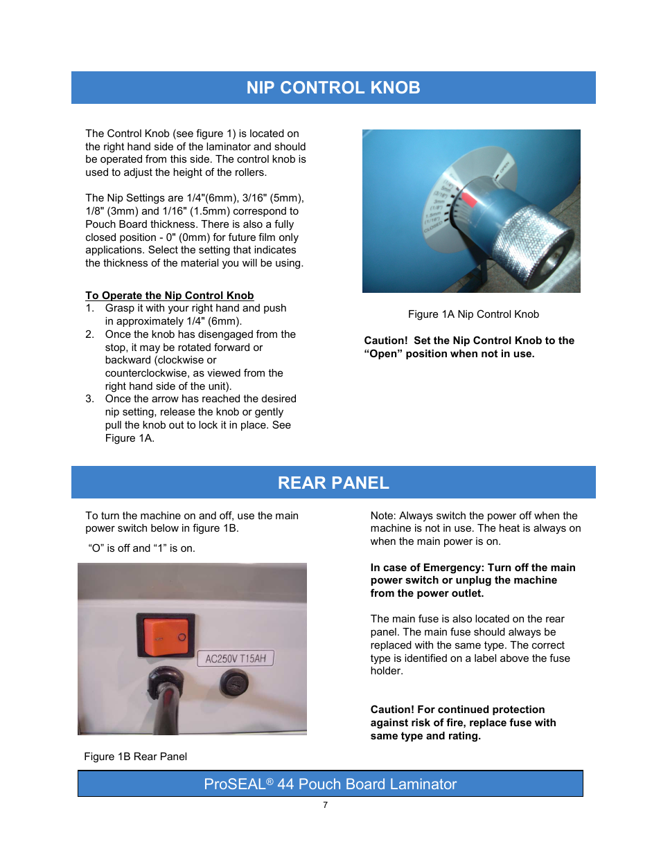 Nip control knob, Rear panel, Proseal | 44 pouch board laminator | SEAL PRO 44 User Manual | Page 7 / 18