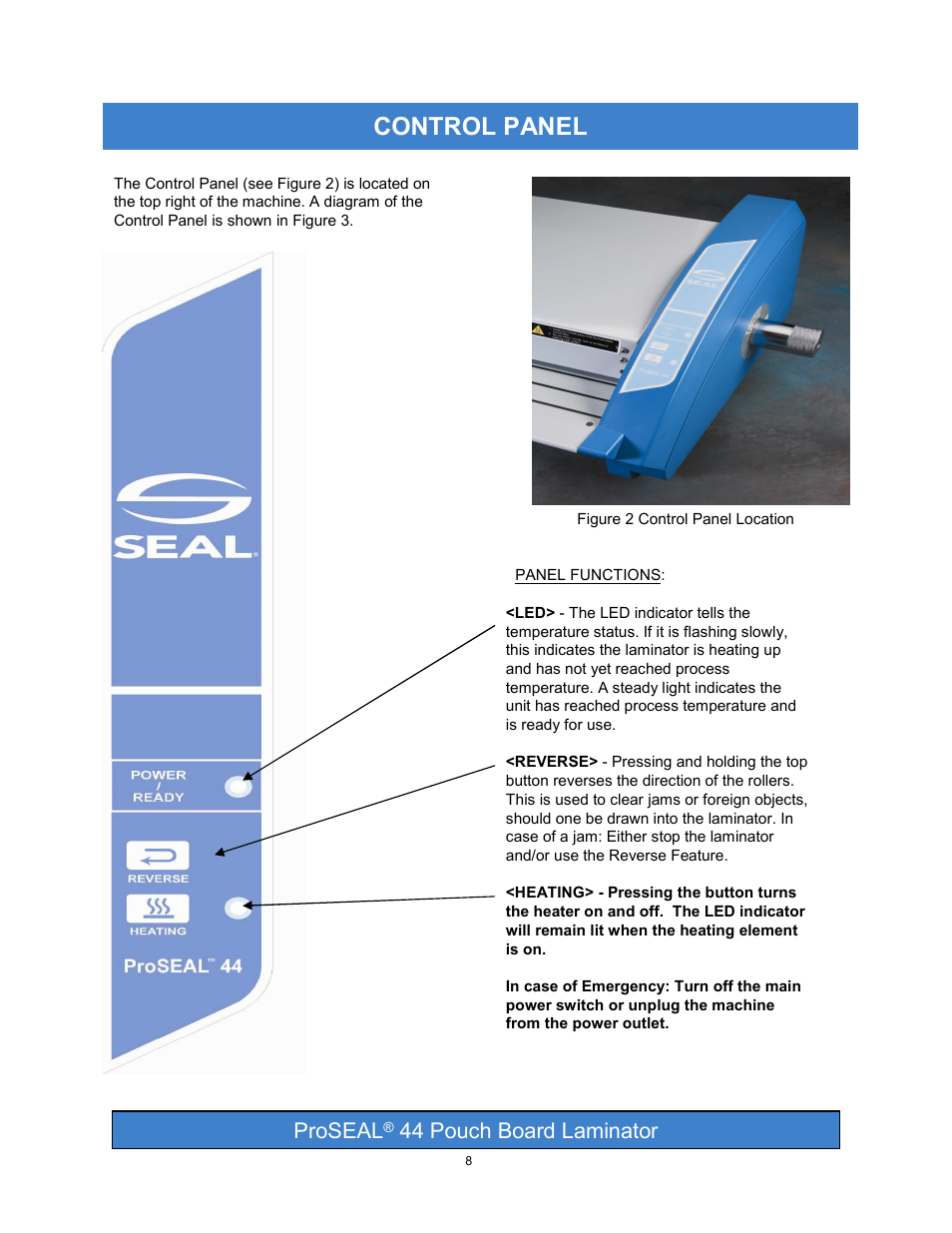 Control panel, Proseal, 44 pouch board laminator | SEAL PRO 44 User Manual | Page 8 / 18