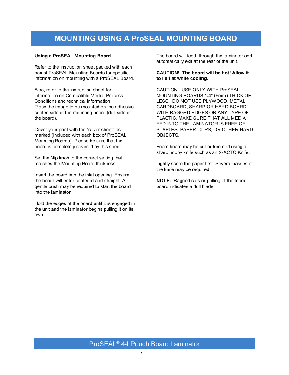 Mounting using a proseal mounting board, Proseal, 44 pouch board laminator | SEAL PRO 44 User Manual | Page 9 / 18