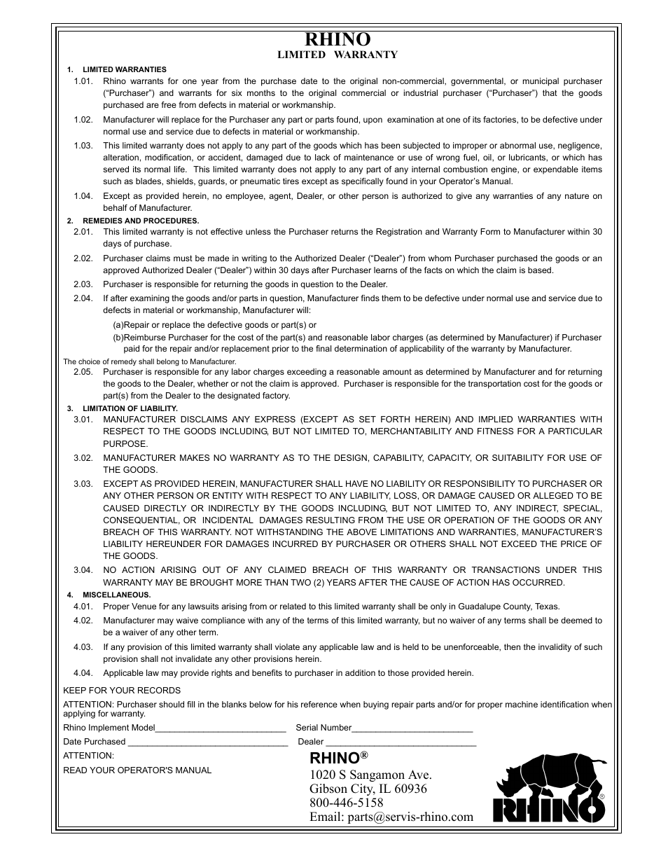 Rhino, Limited warranty, Limited warranties | Remedies and procedures, Limitation of liability, Miscellaneous | Servis-Rhino LOADER 4211SS User Manual | Page 102 / 104