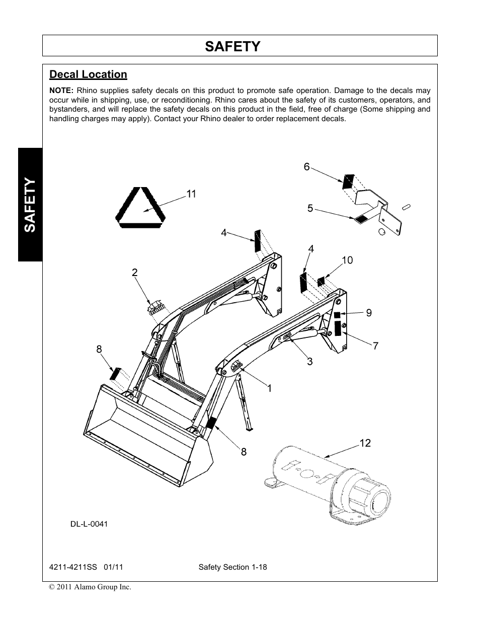 Decal location, Decal location -18, Safety | Servis-Rhino LOADER 4211SS User Manual | Page 22 / 104