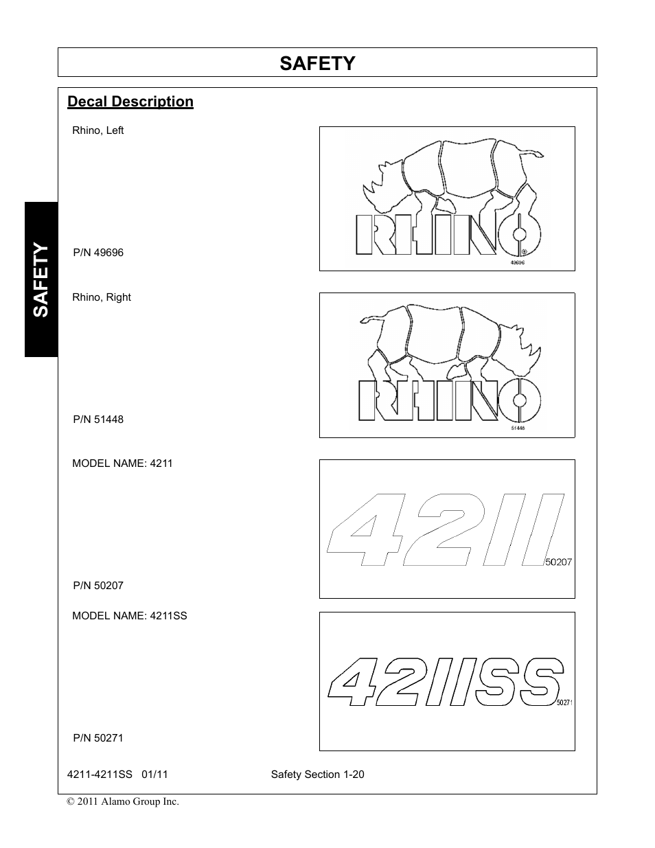 Decal description, Decal description -20, Safety | Servis-Rhino LOADER 4211SS User Manual | Page 24 / 104