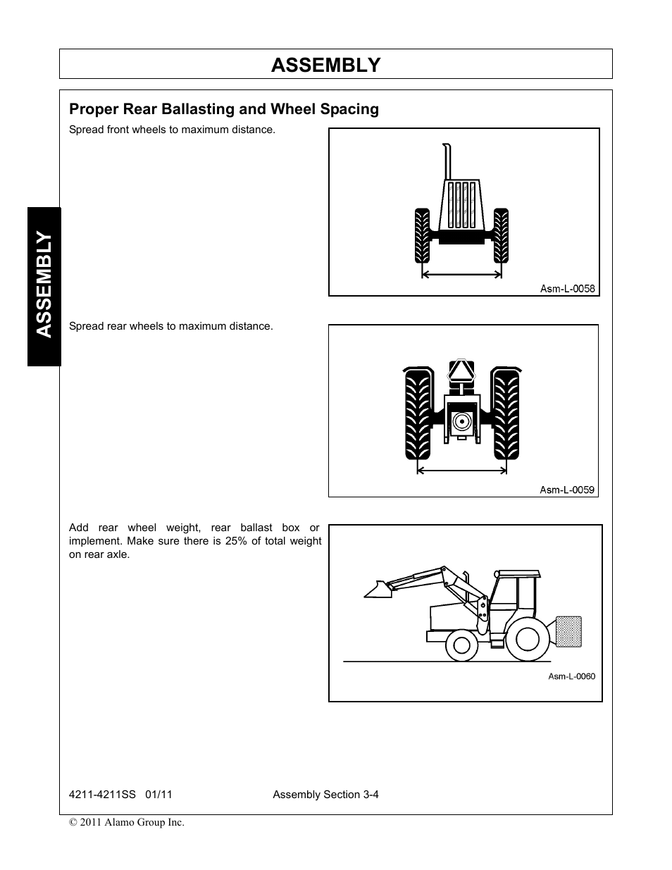 Proper rear ballasting and wheel spacing, Proper rear ballasting and wheel spacing -4, Assembly | Assembl y | Servis-Rhino LOADER 4211SS User Manual | Page 38 / 104