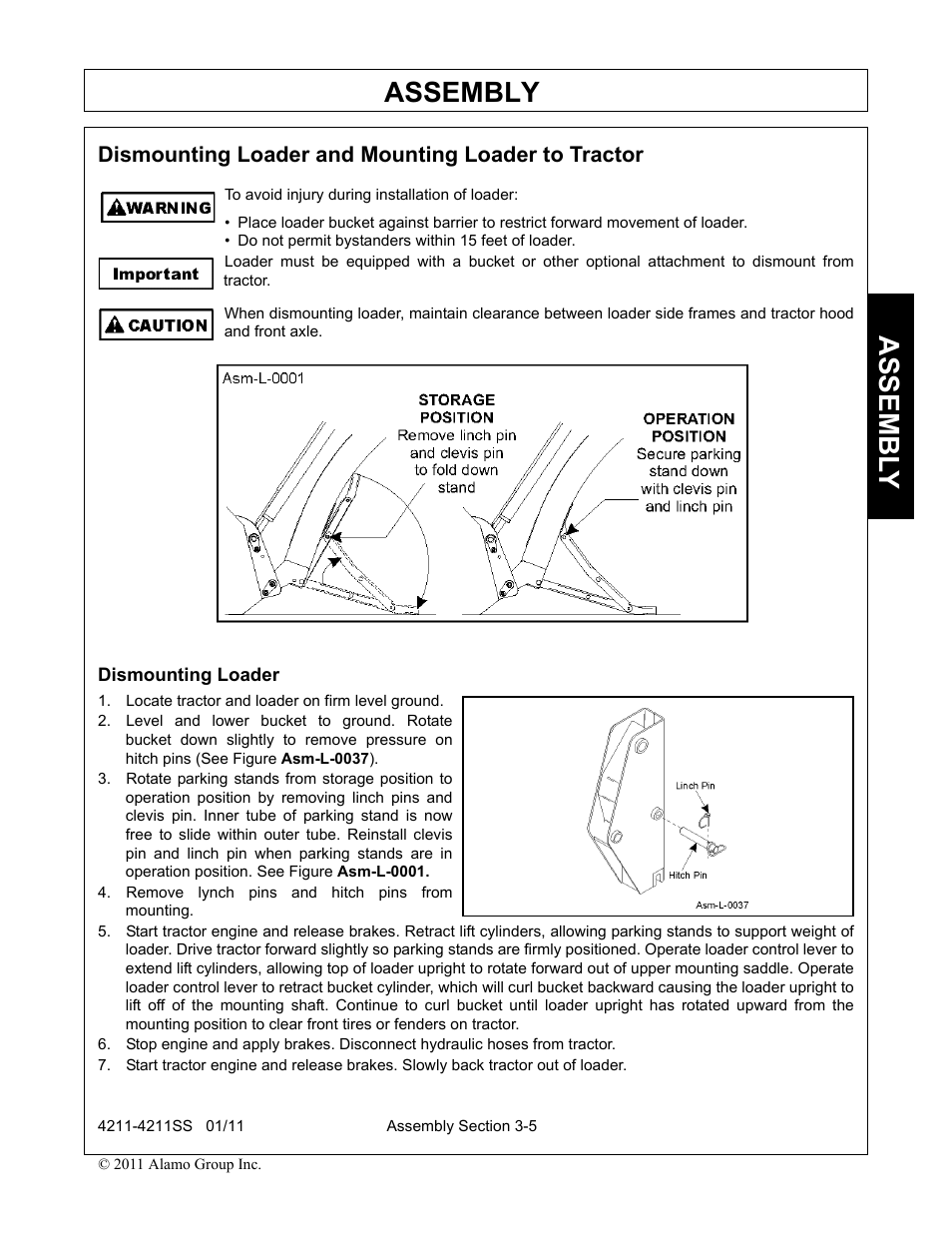 Dismounting loader and mounting loader to tractor, Dismounting loader, Locate tractor and loader on firm level ground | Remove lynch pins and hitch pins from mounting, Assembly, Assembl y | Servis-Rhino LOADER 4211SS User Manual | Page 39 / 104