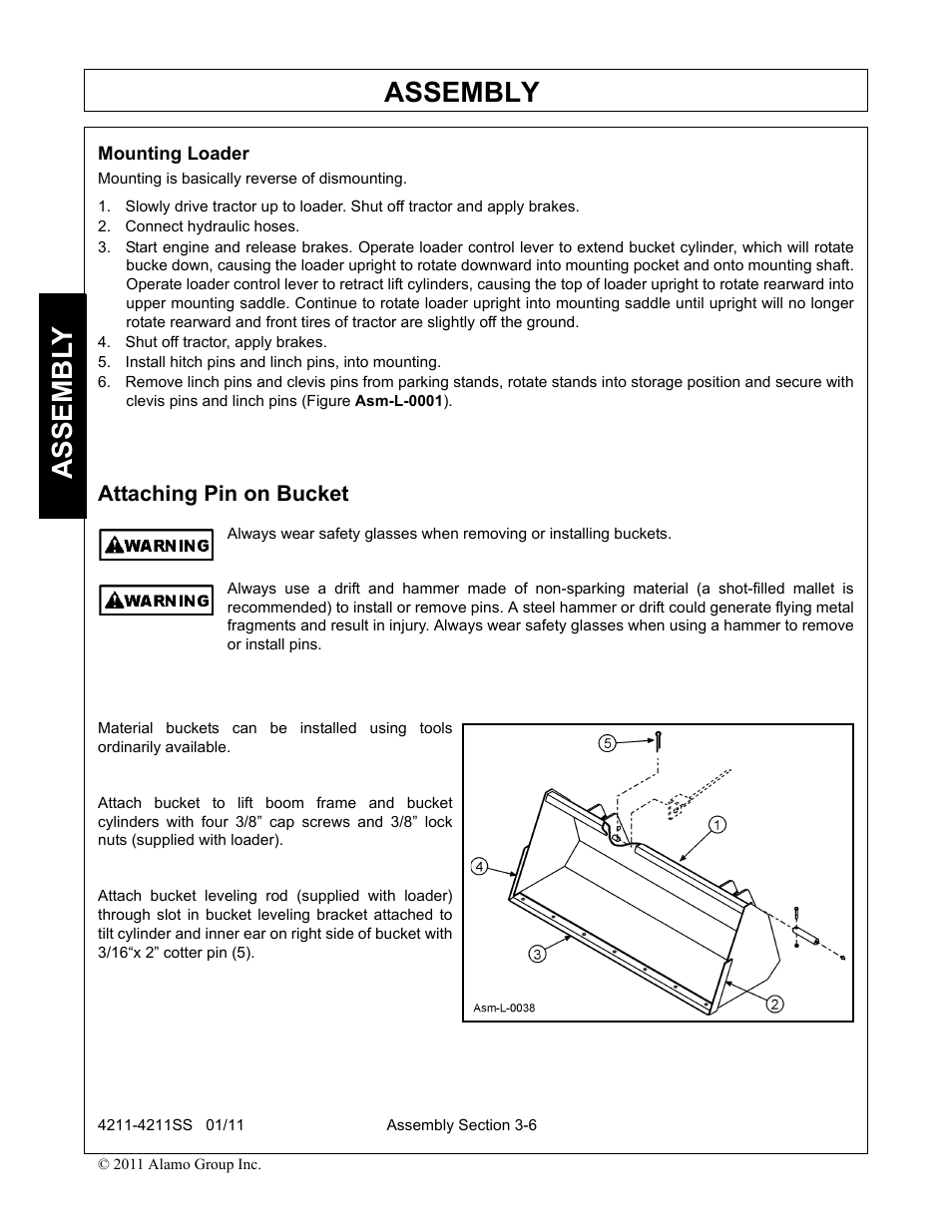 Mounting loader, Connect hydraulic hoses, Shut off tractor, apply brakes | Install hitch pins and linch pins, into mounting, Attaching pin on bucket, Mounting loader -6 attaching pin on bucket -6, Assembly, Assembl y | Servis-Rhino LOADER 4211SS User Manual | Page 40 / 104