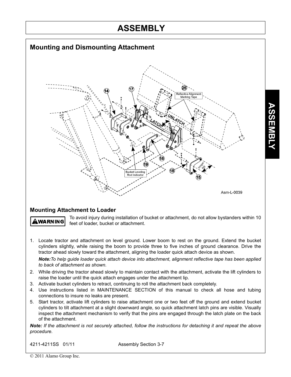 Mounting and dismounting attachment, Mounting attachment to loader, Assembly | Assembl y | Servis-Rhino LOADER 4211SS User Manual | Page 41 / 104