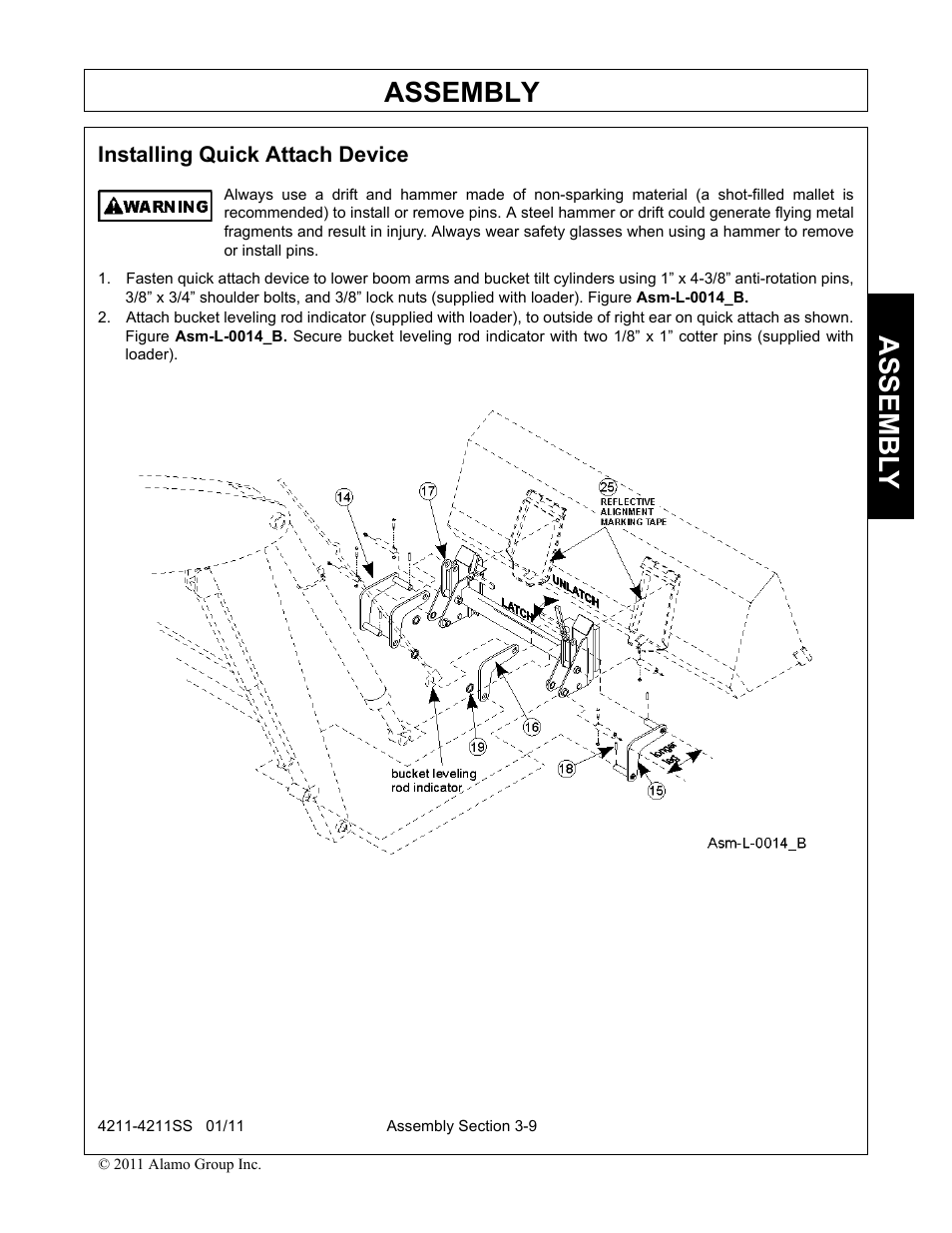 Installing quick attach device, Installing quick attach device -9, Assembly | Assembl y | Servis-Rhino LOADER 4211SS User Manual | Page 43 / 104