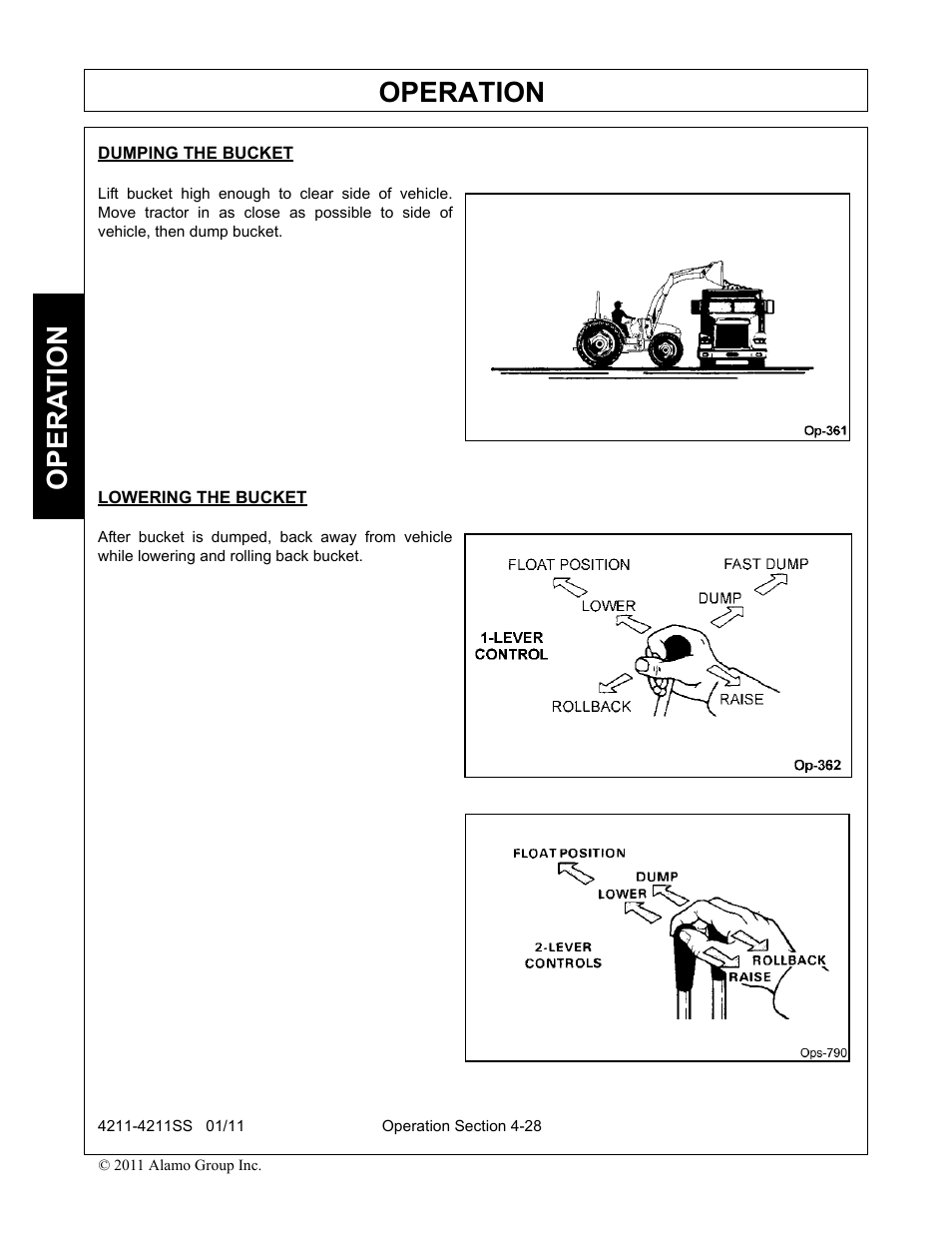 Dumping the bucket, Lowering the bucket, Operation | Opera t ion | Servis-Rhino LOADER 4211SS User Manual | Page 74 / 104