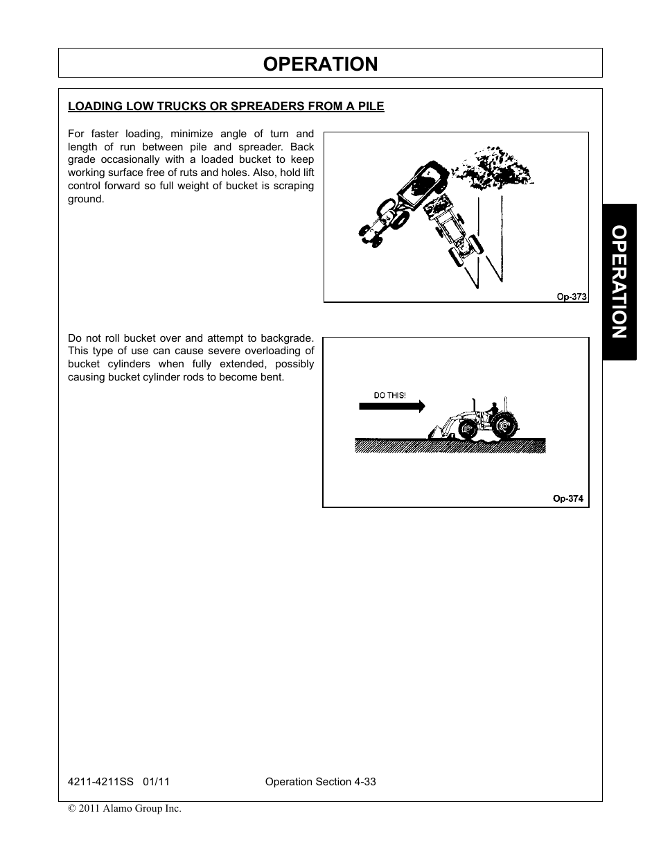 Loading low trucks or spreaders from a pile, Operation, Opera t ion | Servis-Rhino LOADER 4211SS User Manual | Page 79 / 104