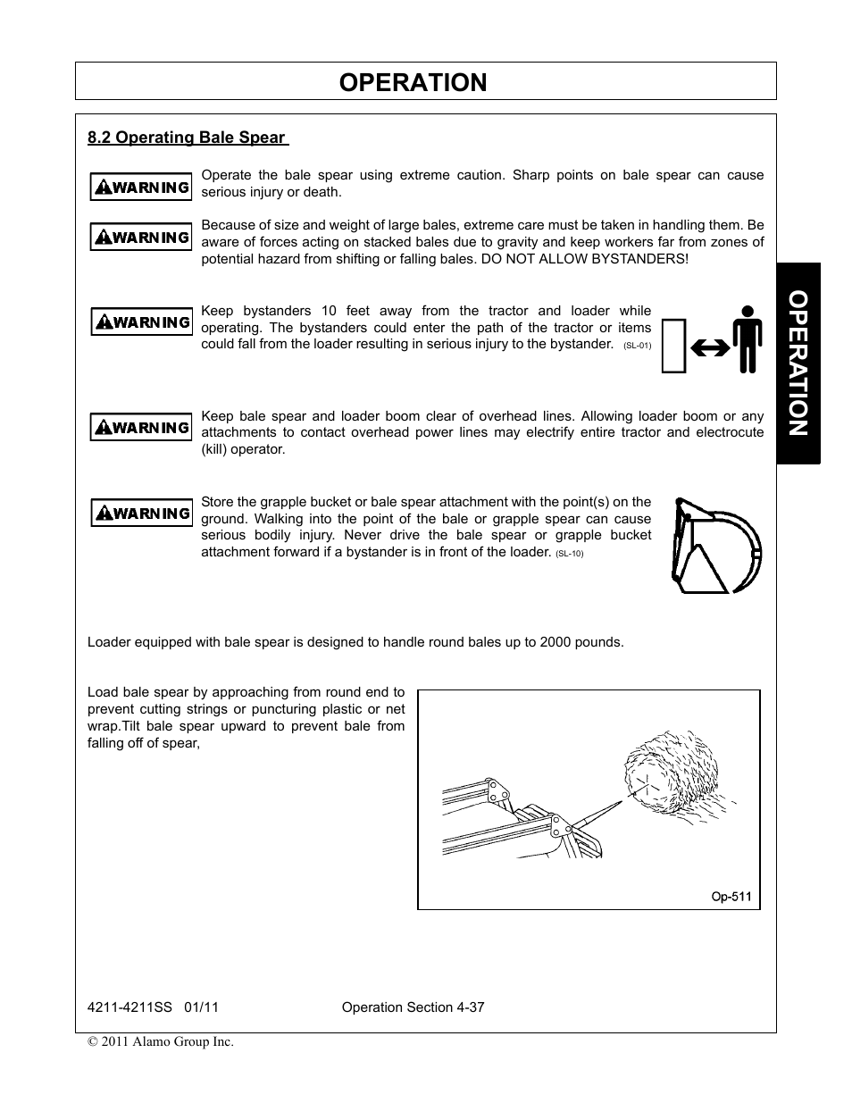 2 operating bale spear, Operating bale spear -37, Operation | Opera t ion | Servis-Rhino LOADER 4211SS User Manual | Page 83 / 104