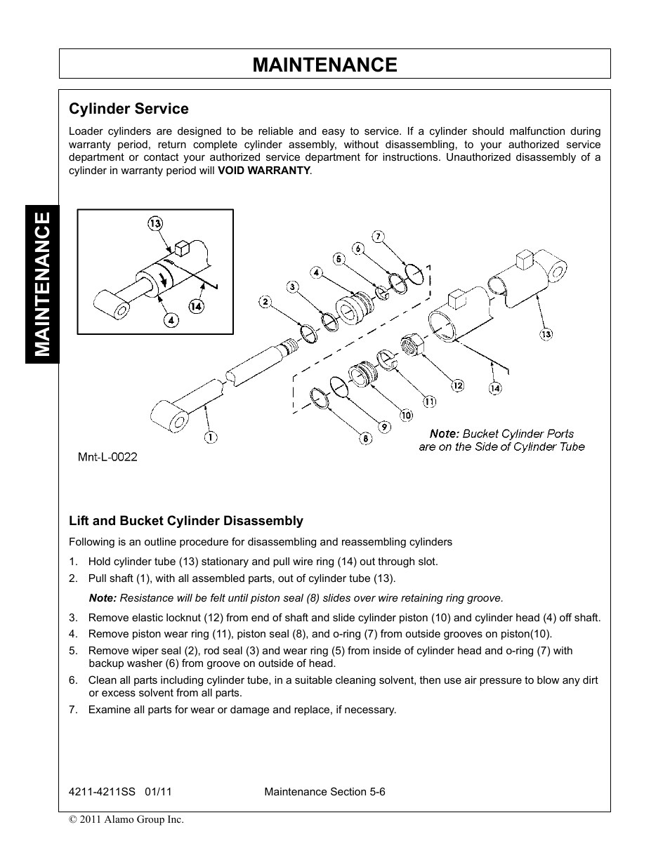 Cylinder service, Lift and bucket cylinder disassembly, Maintenance | Servis-Rhino LOADER 4211SS User Manual | Page 96 / 104