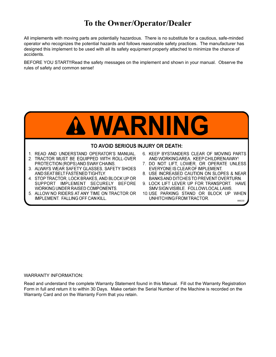 To the owner/operator/dealer | Servis-Rhino F-4123C User Manual | Page 2 / 104