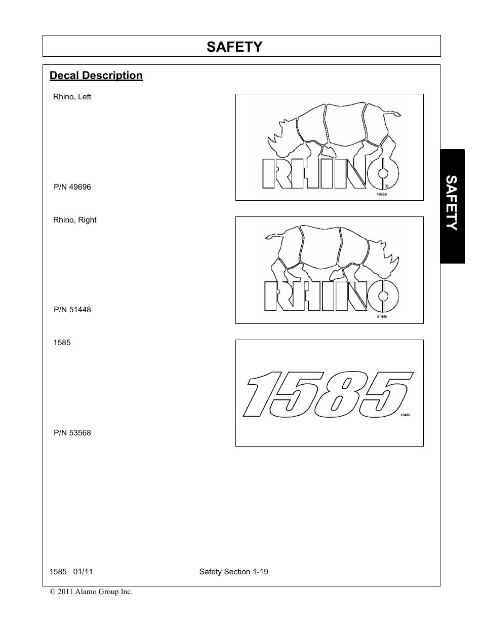 Decal description, Decal description -19, Safety | Servis-Rhino F-4123C User Manual | Page 23 / 104