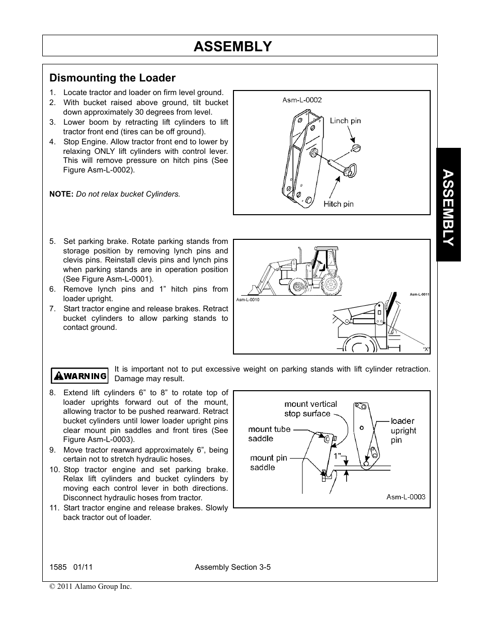 Dismounting the loader, Locate tractor and loader on firm level ground, Dismounting the loader -5 | Assembly, Assembl y | Servis-Rhino F-4123C User Manual | Page 39 / 104