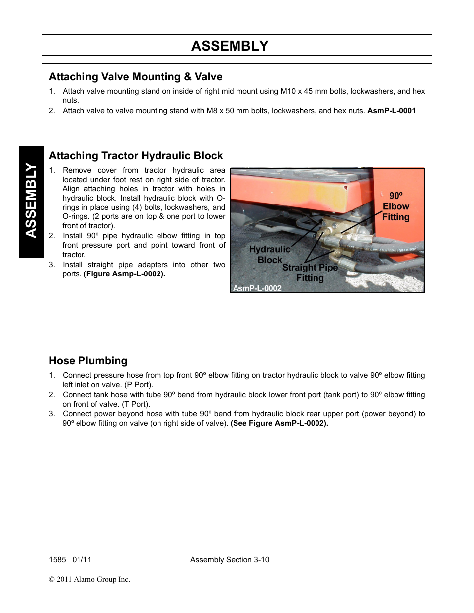 Attaching tractor hydraulic block, Hose plumbing, Assembly | Assembl y, Attaching valve mounting & valve | Servis-Rhino F-4123C User Manual | Page 44 / 104