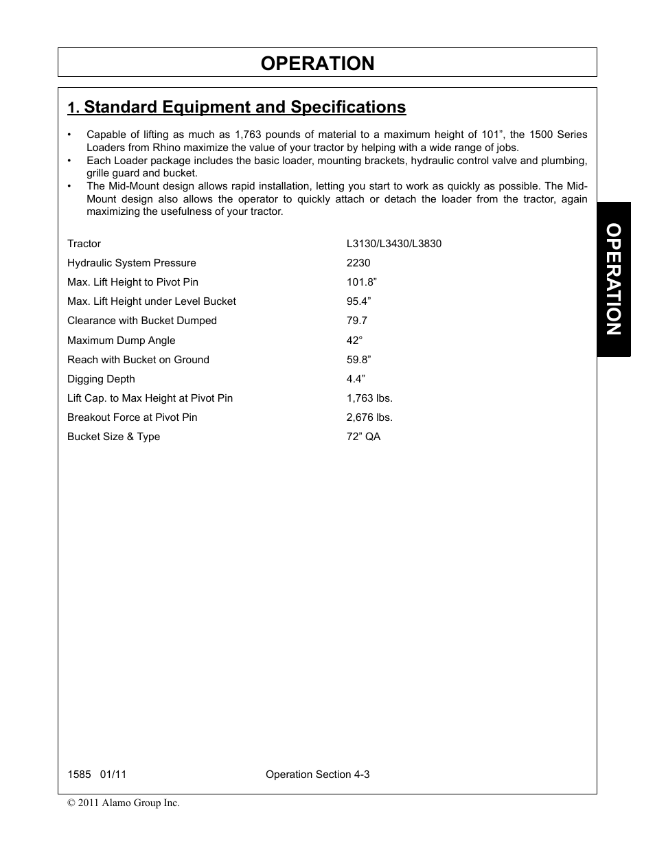 Standard equipment and specifications, Standard equipment and specifications -3, Operation | Opera t ion | Servis-Rhino F-4123C User Manual | Page 49 / 104