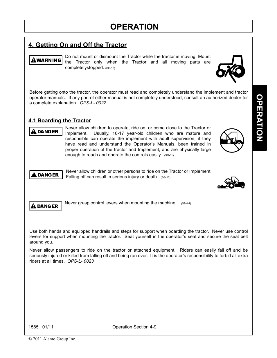 Getting on and off the tractor, 1 boarding the tractor, Operation | Opera t ion | Servis-Rhino F-4123C User Manual | Page 55 / 104