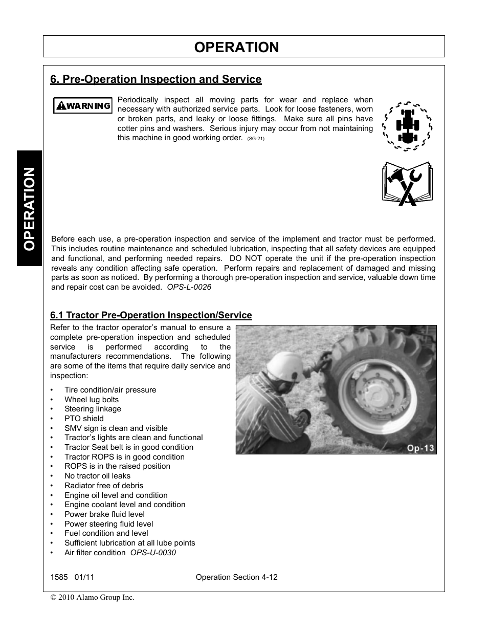 Pre-operation inspection and service, 1 tractor pre-operation inspection/service, Operation | Opera t ion | Servis-Rhino F-4123C User Manual | Page 58 / 104