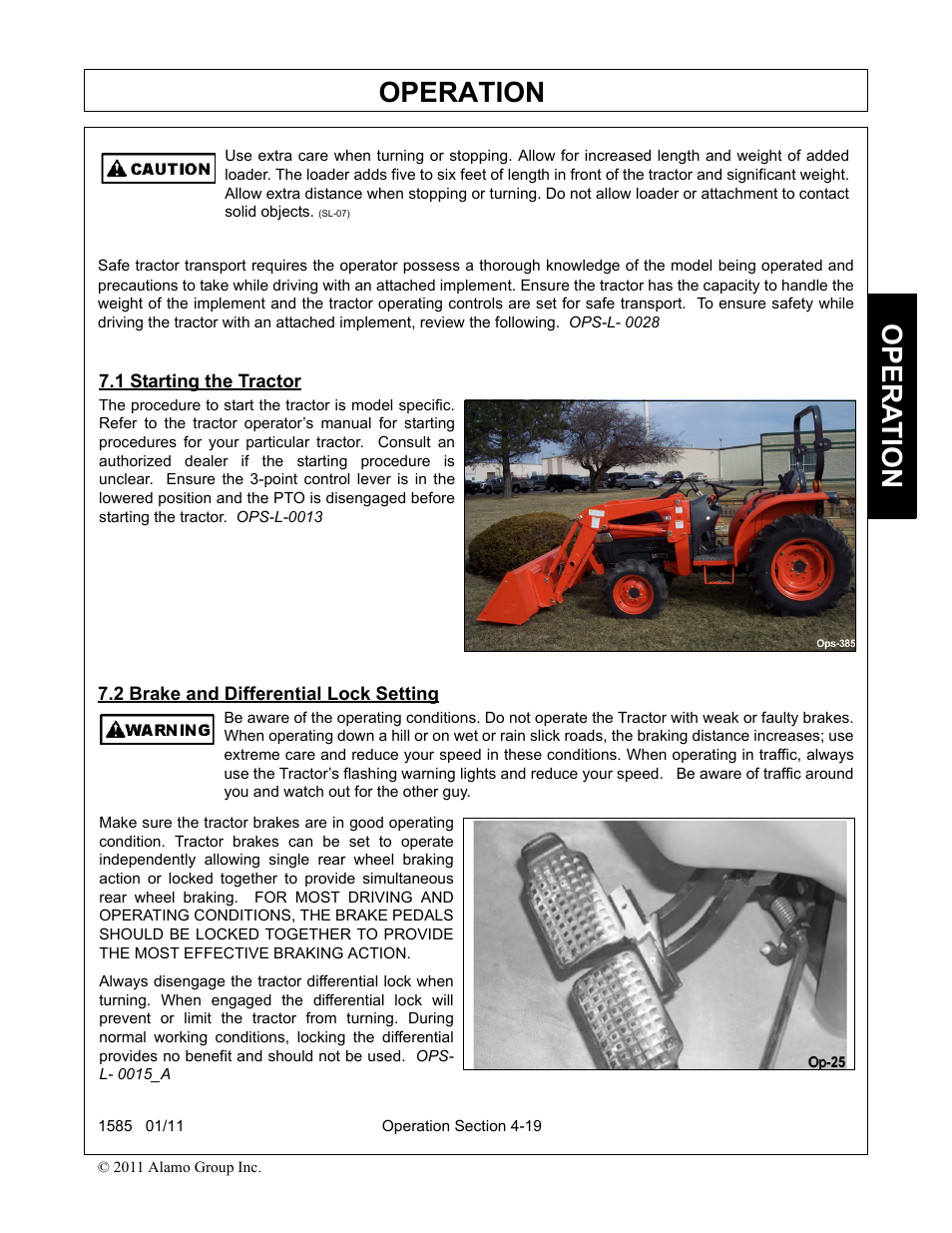 1 starting the tractor, 2 brake and differential lock setting, Operation | Opera t ion | Servis-Rhino F-4123C User Manual | Page 65 / 104