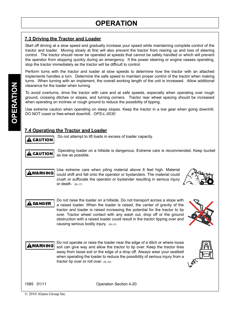 3 driving the tractor and loader, 4 operating the tractor and loader, Operation | Opera t ion | Servis-Rhino F-4123C User Manual | Page 66 / 104