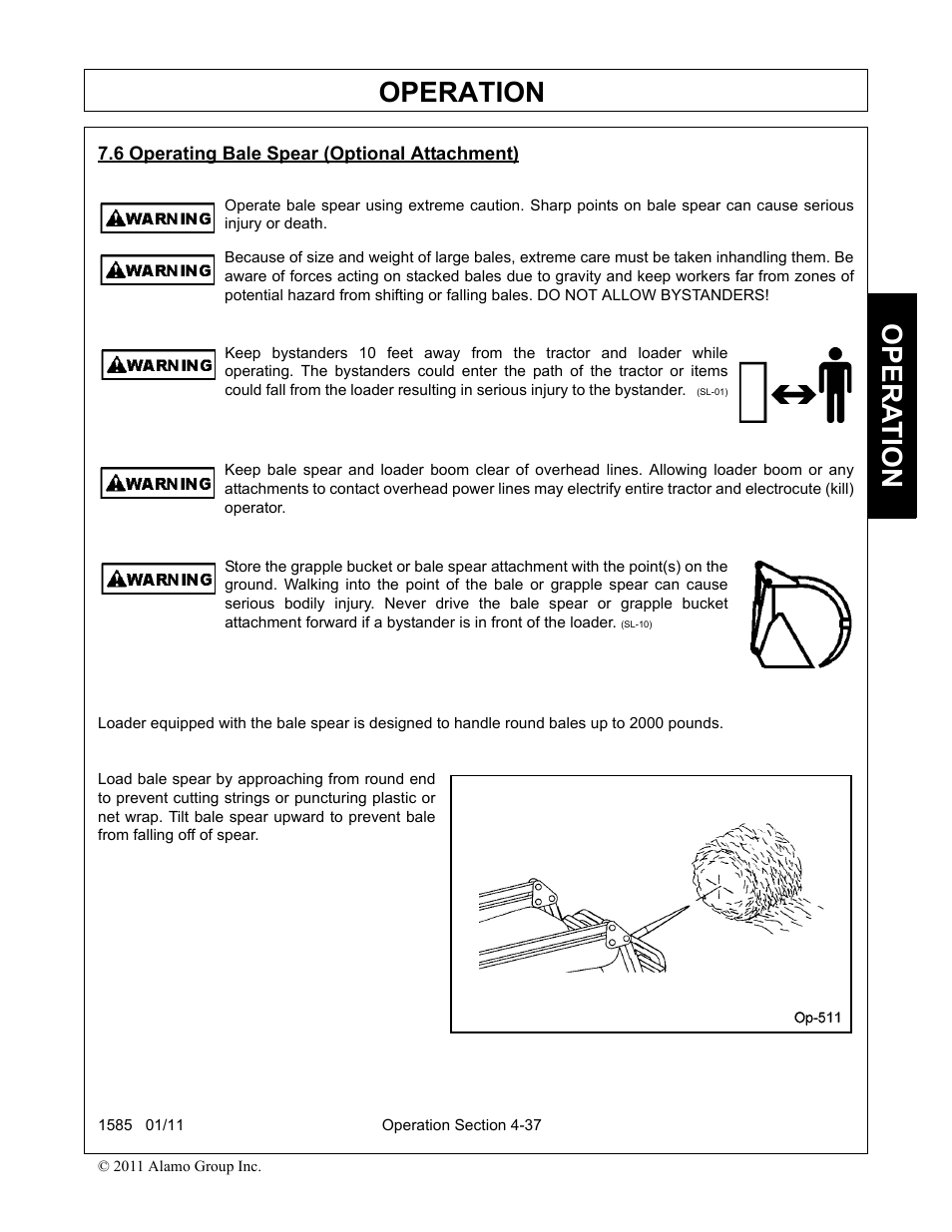 6 operating bale spear (optional attachment), Operating bale spear (optional attachment) -38, Operation | Opera t ion | Servis-Rhino F-4123C User Manual | Page 83 / 104