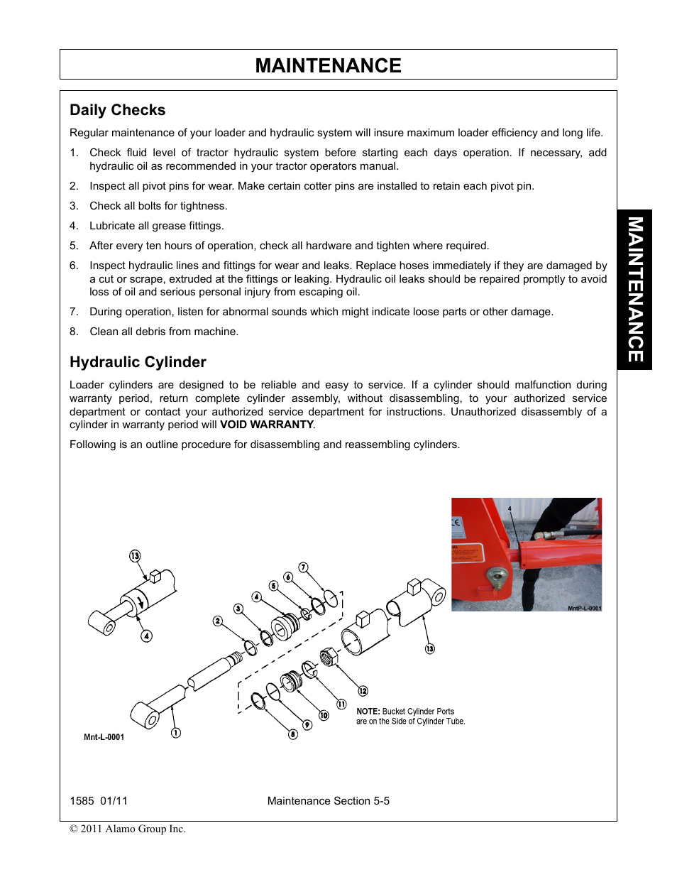 Daily checks, Check all bolts for tightness, Lubricate all grease fittings | Clean all debris from machine, Hydraulic cylinder, Daily checks -5 hydraulic cylinder -5, Maintenance | Servis-Rhino F-4123C User Manual | Page 95 / 104