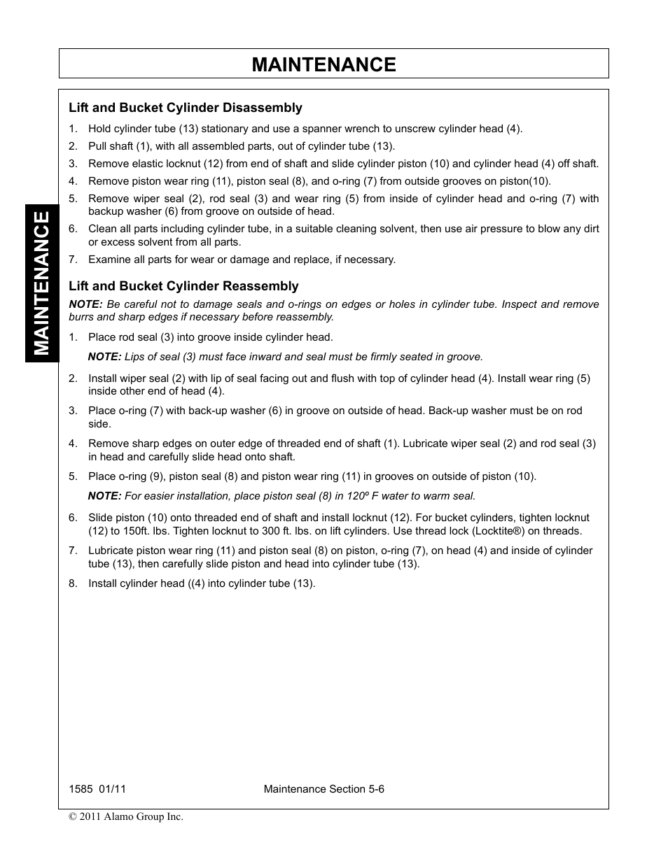 Lift and bucket cylinder reassembly, Install cylinder head ((4) into cylinder tube (13), Lift and bucket cylinder reassembly -6 | Maintenance | Servis-Rhino F-4123C User Manual | Page 96 / 104