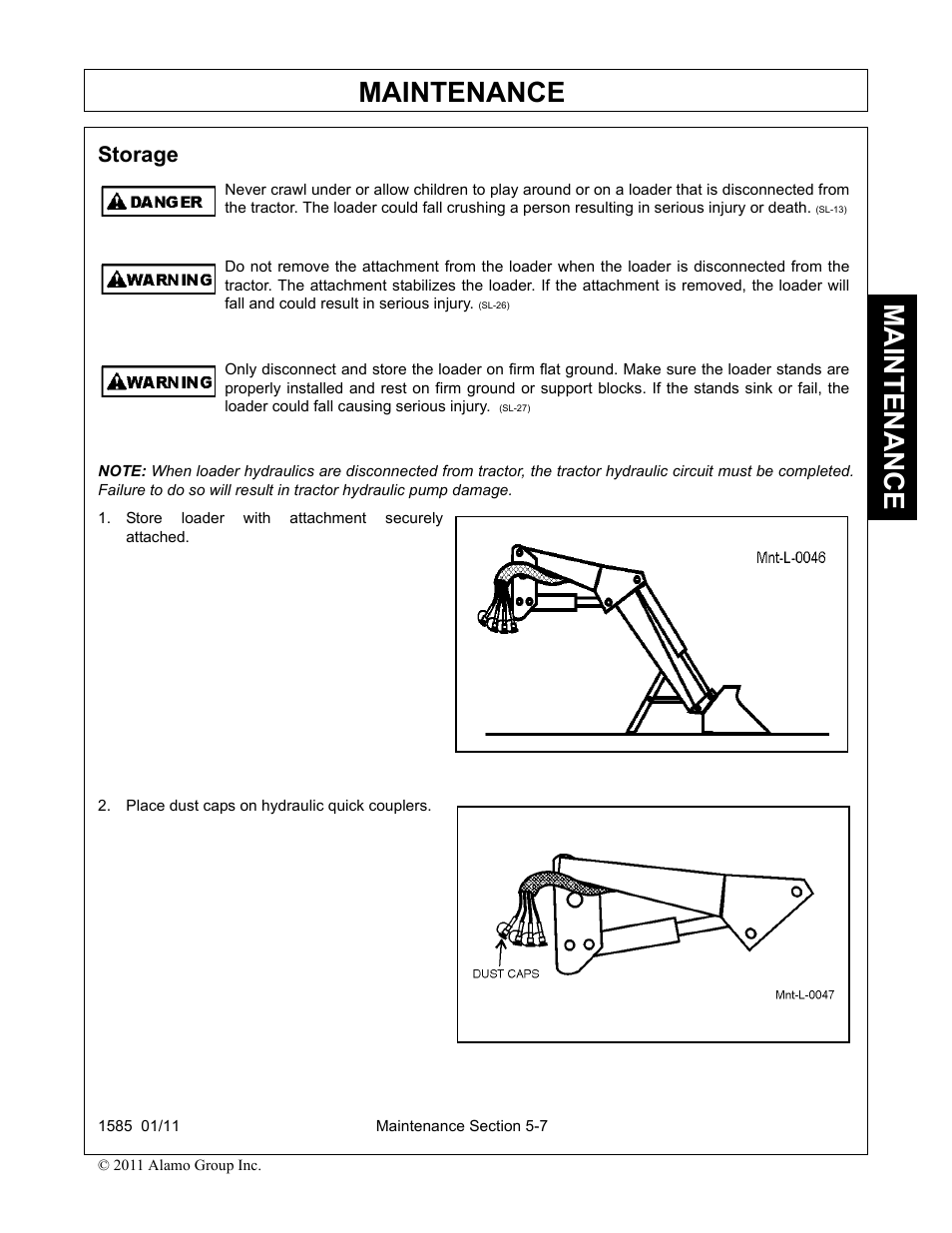 Storage, Store loader with attachment securely attached, Place dust caps on hydraulic quick couplers | Storage -7, Maintenance | Servis-Rhino F-4123C User Manual | Page 97 / 104