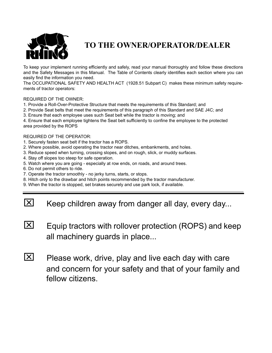 To the owner/operator/dealer | Servis-Rhino 1495 User Manual | Page 103 / 104