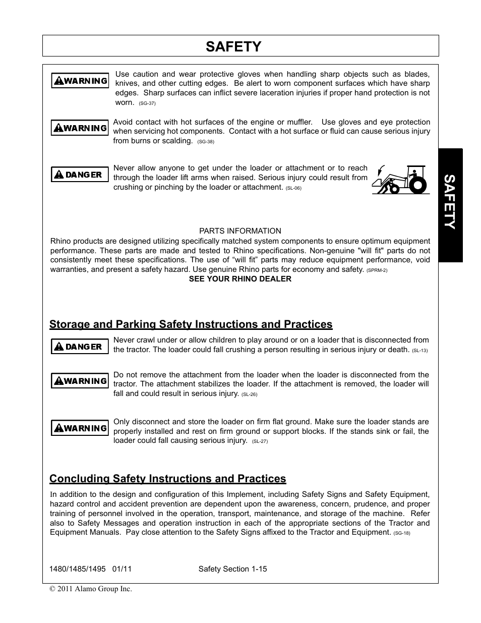 Concluding safety instructions and practices, Safety | Servis-Rhino 1495 User Manual | Page 19 / 104