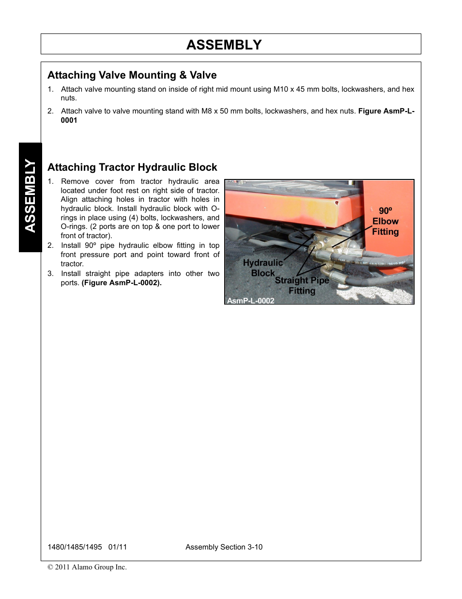 Attaching tractor hydraulic block, Attaching tractor hydraulic block -10, Assembly | Assembl y | Servis-Rhino 1495 User Manual | Page 44 / 104
