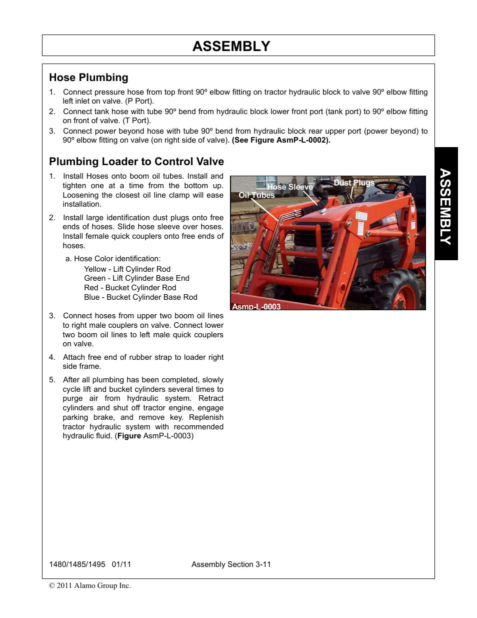 Plumbing loader to control valve, Plumbing loader to control valve -11, Assembly | Assembl y, Hose plumbing | Servis-Rhino 1495 User Manual | Page 45 / 104