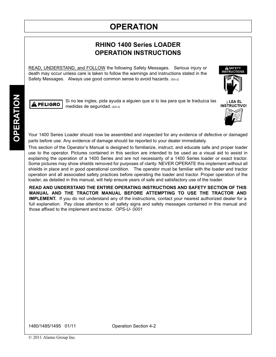 Rhino 1400 series loader, Operation instructions, Operation | Opera t ion | Servis-Rhino 1495 User Manual | Page 48 / 104