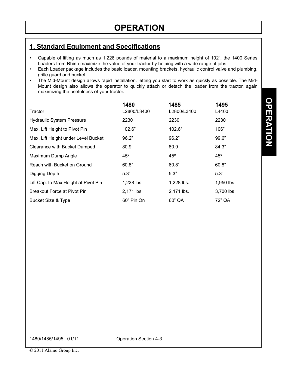 Standard equipment and specifications, Standard equipment and specifications -3, Operation | Opera t ion | Servis-Rhino 1495 User Manual | Page 49 / 104