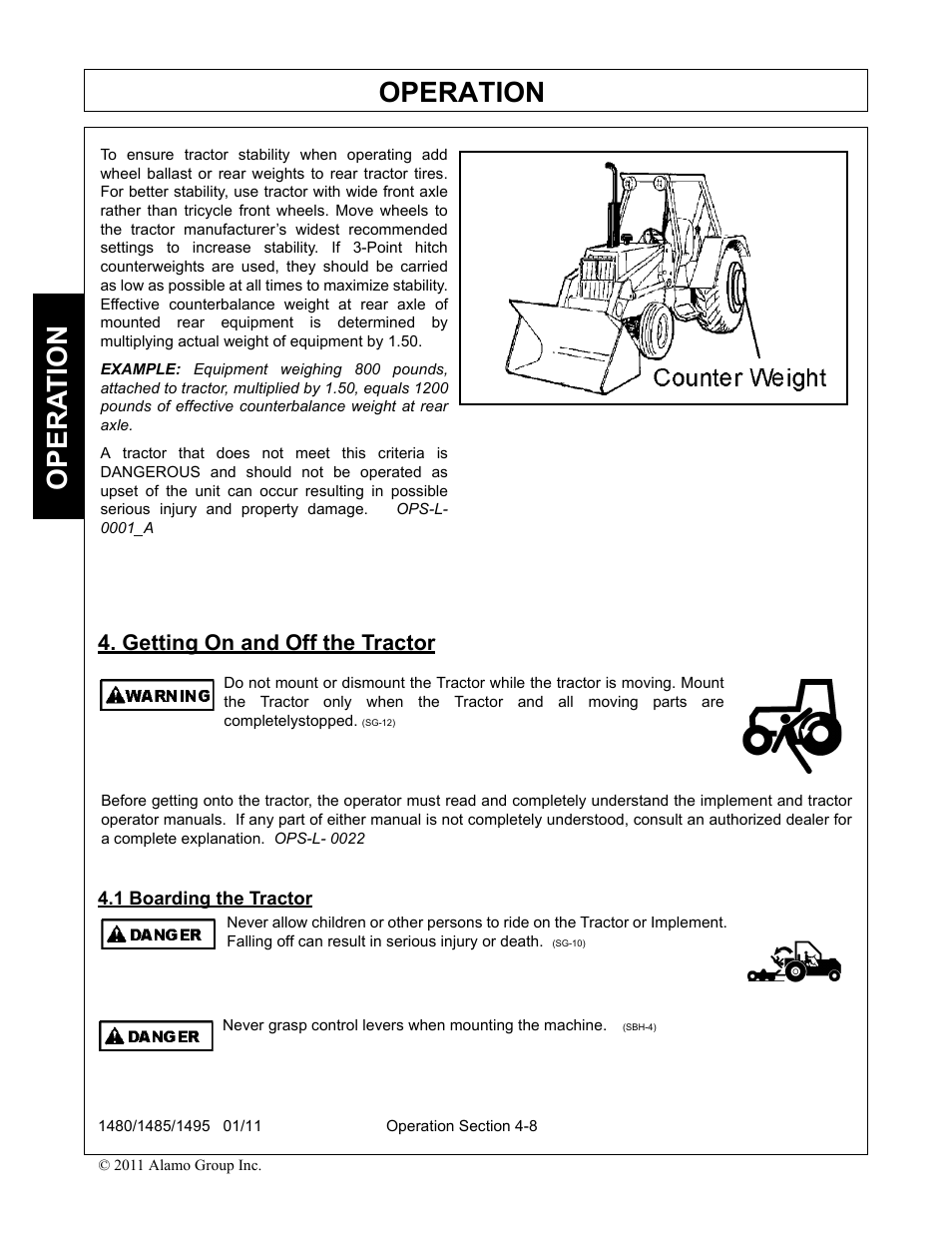 Getting on and off the tractor, 1 boarding the tractor, Operation | Opera t ion | Servis-Rhino 1495 User Manual | Page 54 / 104