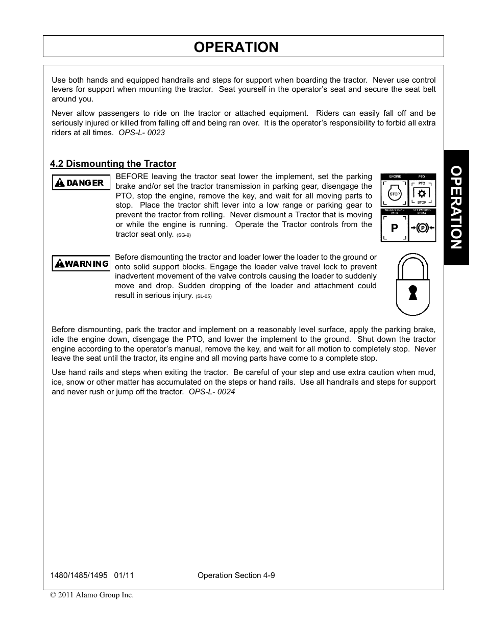 2 dismounting the tractor, Dismounting the tractor -9, Operation | Opera t ion | Servis-Rhino 1495 User Manual | Page 55 / 104