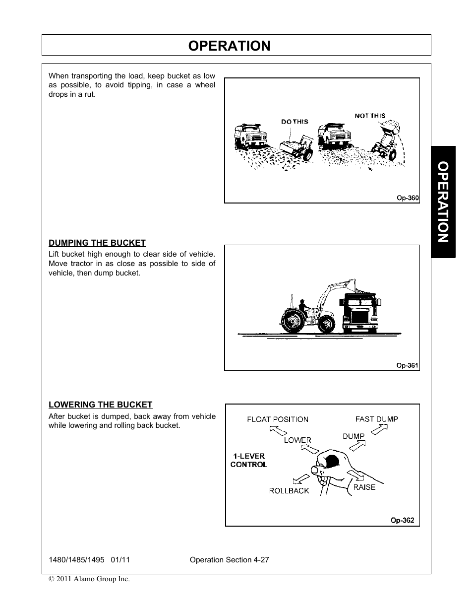 Dumping the bucket, Lowering the bucket, Operation | Opera t ion | Servis-Rhino 1495 User Manual | Page 73 / 104