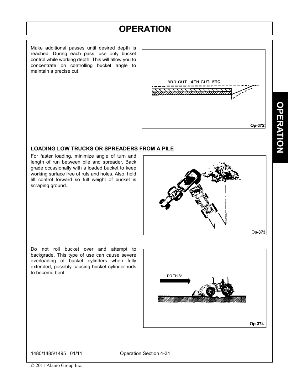 Loading low trucks or spreaders from a pile, Operation, Opera t ion | Servis-Rhino 1495 User Manual | Page 77 / 104