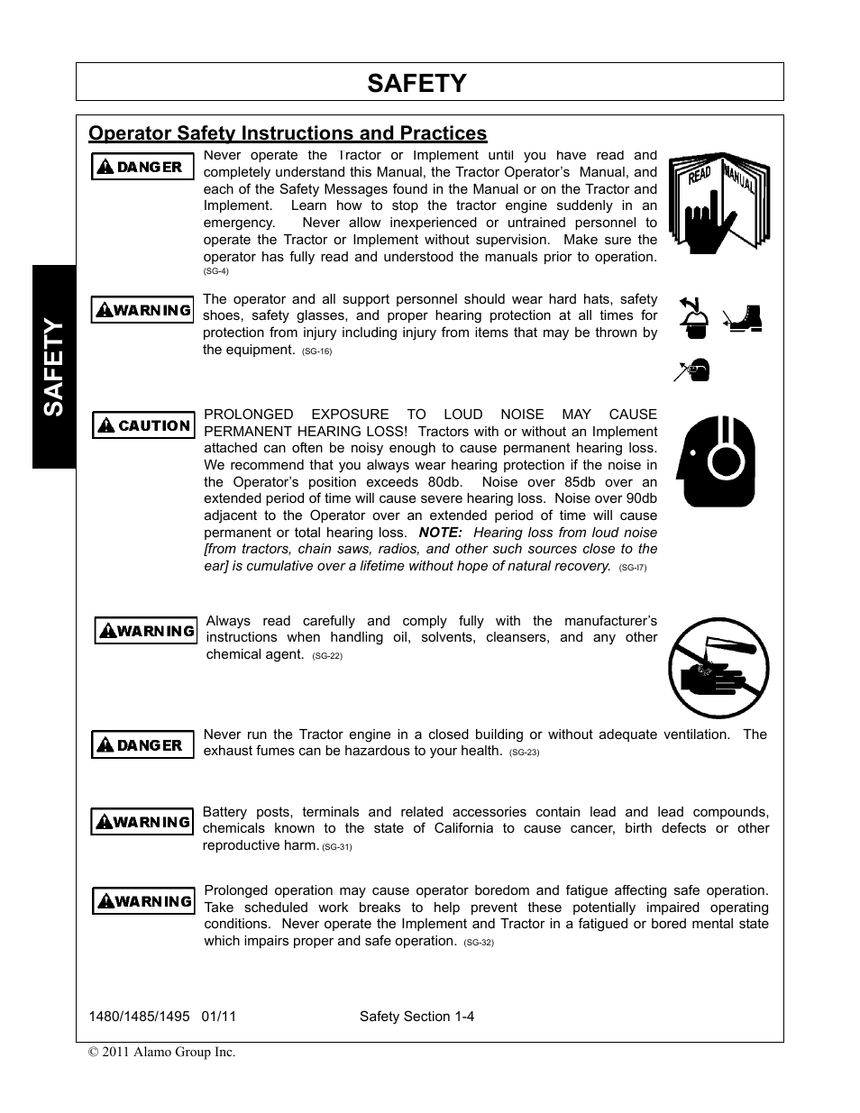 Operator safety instructions and practices, Operator safety instructions and practices -4, Safety | Servis-Rhino 1495 User Manual | Page 8 / 104