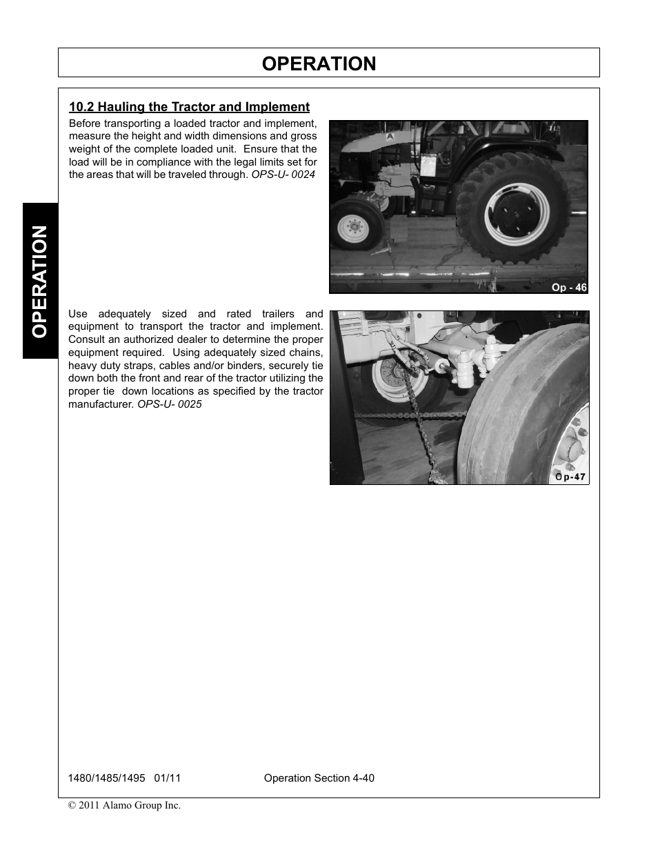 2 hauling the tractor and implement, Hauling the tractor and implement -40, Operation | Opera t ion | Servis-Rhino 1495 User Manual | Page 86 / 104