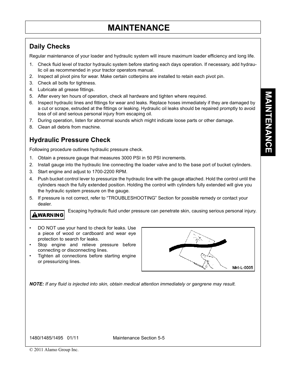Daily checks, Check all bolts for tightness, Lubricate all grease fittings | Clean all debris from machine, Hydraulic pressure check, Start engine and adjust to 1700-2200 rpm, Daily checks -5 hydraulic pressure check -5, Maintenance | Servis-Rhino 1495 User Manual | Page 93 / 104